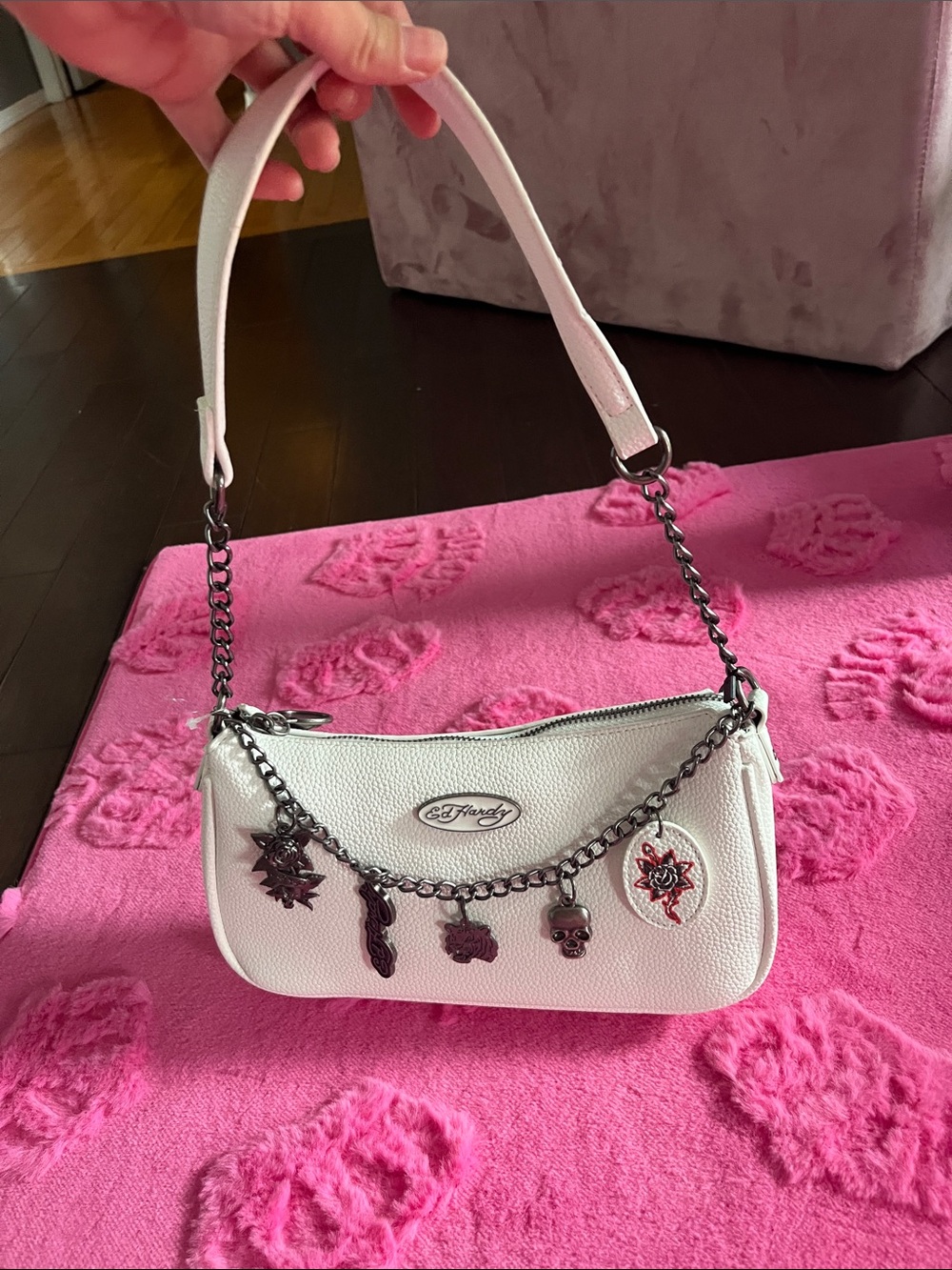 Ed Hardy White Shoulder Bag with Charm Chain